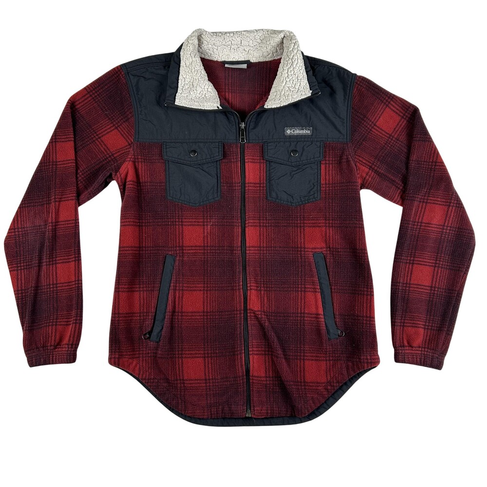 Columbia Jacket Womens Small Red Plaid Fleece Zip Sherpa Collar AL1742 Outdoor
